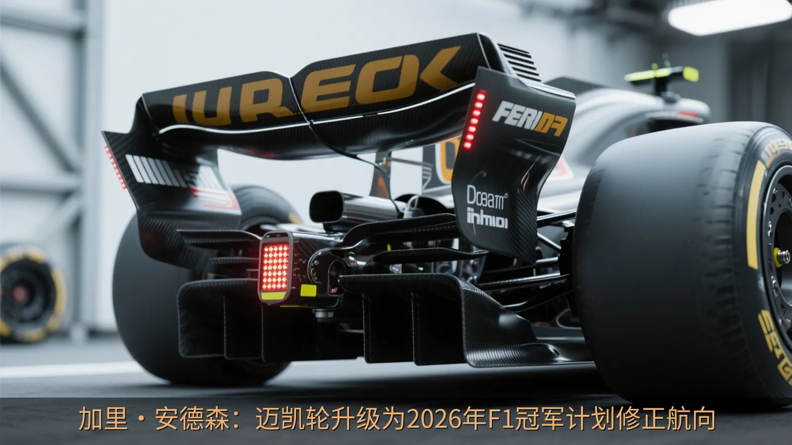方程式赛车后部扩散器、刹车风道和导流翼片的技术细节示意图。